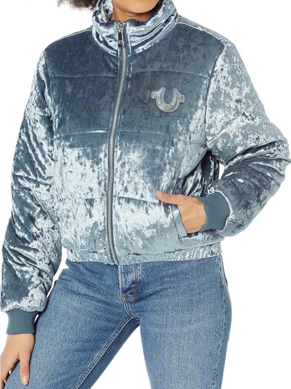 True Religion Silver-Blue Crushed Velvet Bomber Jacket Sz/ L NWOT